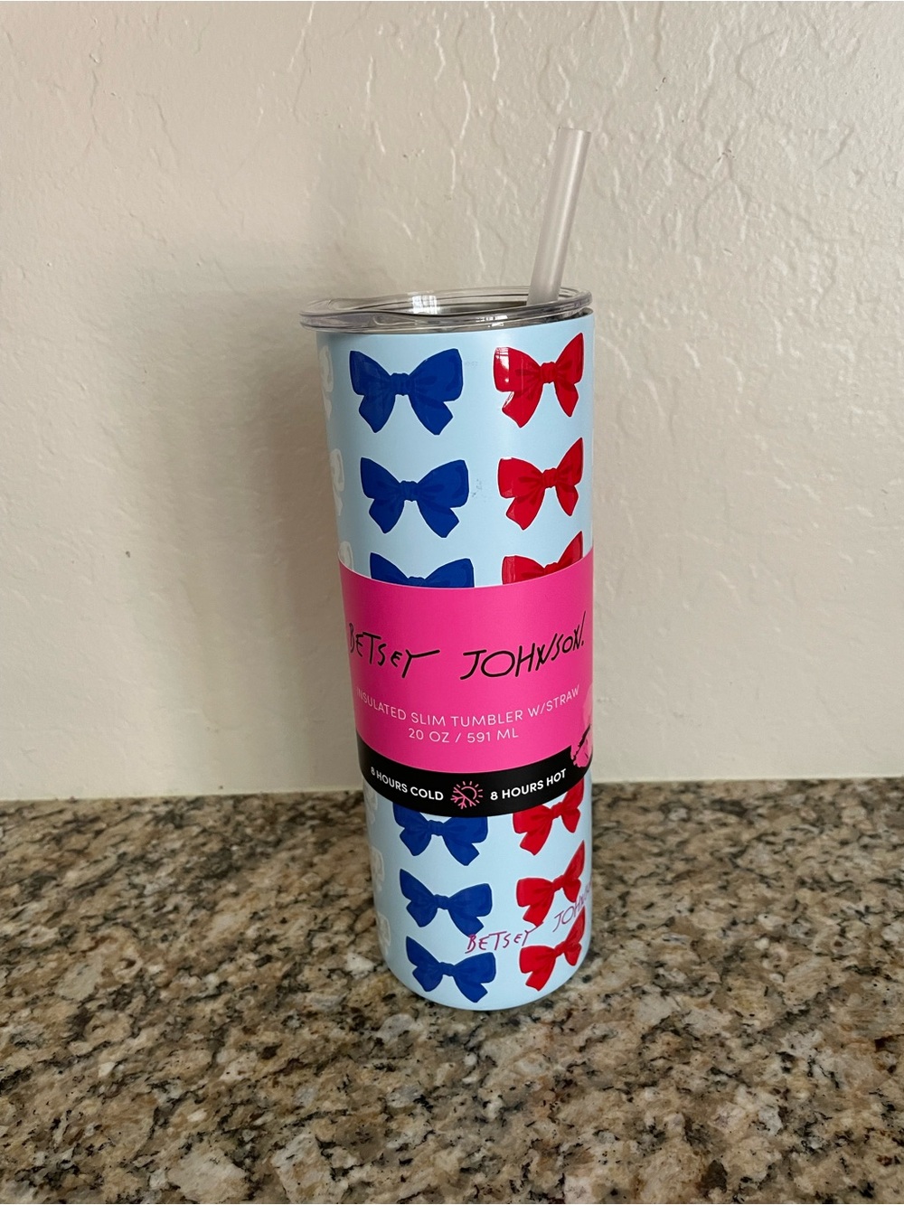 Betsey Johnson Light Blue Tumbler with Red & Blue Bows